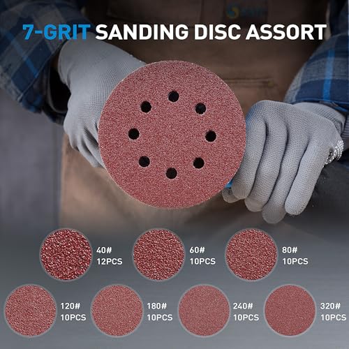 S SATC 72 PCS 5 Inch 8 Hole Hook and Loop Adhesive Sanding Discs Sandpaper for Random Orbital Sander 40 60 80 120 180 240 320 Grits - style: 72PCS 5 Inch Assort Grit