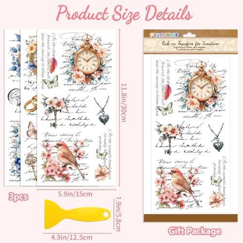Peacoblue Clock Flowers Bird Rub On Transfers for Furniture Craft 6"x12" - style: Clock Flowers Bird