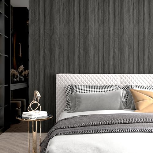 Wallercity Gray/Black 3D Wood Wall Panels Self Adhesive Soundproofing Slat Paneling Flexible Fluted Wooden Veneer Panel Peel and Stick Wood Slat Panels Wallpaper for Bedroom Bathroom Office 23.6"x118" - color: Black1/Gray, size: 23.6'' x 118''