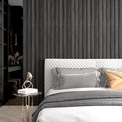 Wallercity Gray/Black 3D Wood Wall Panels Self Adhesive Soundproofing Slat Paneling Flexible Fluted Wooden Veneer Panel Peel and Stick Wood Slat Panels Wallpaper for Bedroom Bathroom Office 23.6"x118" - color: Black1/Gray, size: 23.6'' x 118''