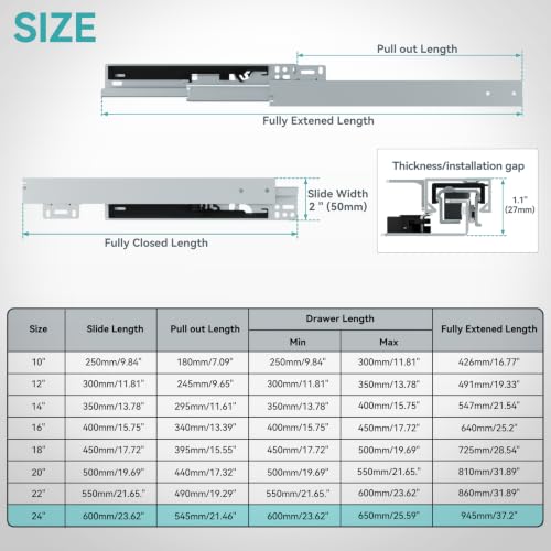 24 Inch Bottom Mount Soft Close Drawer Slides, 88 lbs Capacity - size: 24 Inch