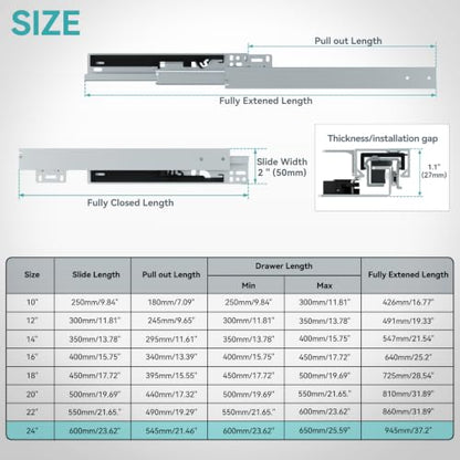 24 Inch Bottom Mount Soft Close Drawer Slides, 88 lbs Capacity - size: 24 Inch