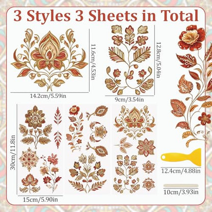 WANDIC 3 Sheets Rub on Transfer Stickers, Vintage Leaf Flower Transfer Decal Waterproof Decals Furniture Craft Sticker for DIY Scrapbooking Present Boxes Cups,15 * 30 cm