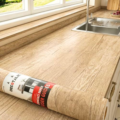 Decotalk Wood Countertop Contact Paper Light Wood Contact Paper Peel and Stick Countertop Vinyl Wrap Waterproof 17.7x200 Inch Oak Woods Grain Wallpaper Peel and Stick Woods Vinyl Wrap Removable - size: 17.7" x 200"