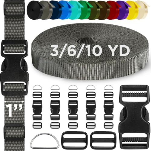 TECEUM 1" Nylon Strap Kit with Buckles, Charcoal 6 yards Repair Set - color: Charcoal, size: 1" - 6 yards, style: 6 Buckle - 12 Slides - 6 D-rind
