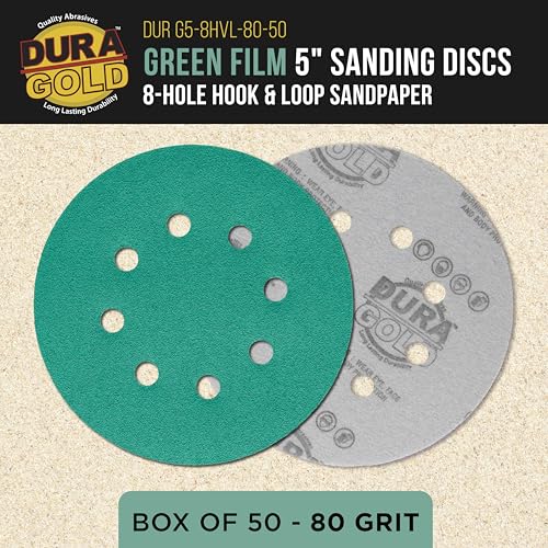 Dura-Gold 5" Green Film Sanding Discs, 80 Grit, 8-Hole, Box of 50, H & L - style: 80 Grit