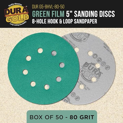 Dura-Gold 5" Green Film Sanding Discs, 80 Grit, 8-Hole, Box of 50, H & L - style: 80 Grit