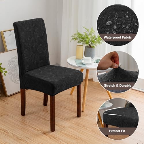 Waterproof Dining Room Chair Covers, Stretch Parsons Chair Slipcovers - color: Leaf Pattern-black, size: Regular-2 Pack
