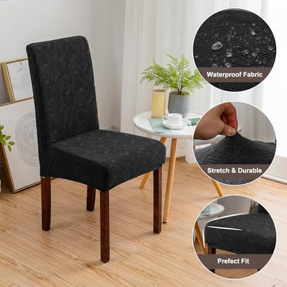 Waterproof Dining Room Chair Covers, Stretch Parsons Chair Slipcovers - color: Leaf Pattern-black, size: Regular-2 Pack