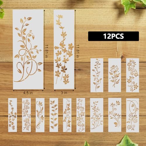 12Pcs Reusable Leaf Vine Border Stencils - Floral Painting Templates for Walls, Canvas, Wood, Furniture DIY Home Decor Crafts