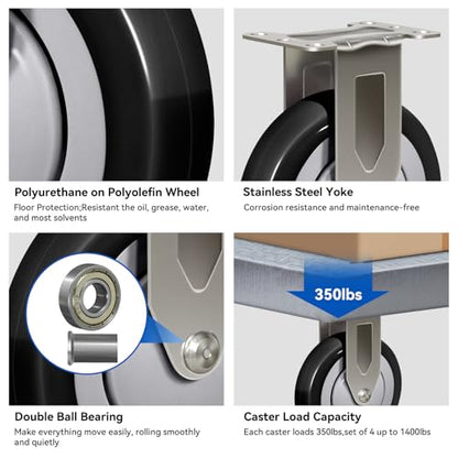 5" Stainless Steel Casters Set of 4 Heavy Duty, Swivel Industrial Caster Wheels, Anti-Corrosion Rust-Proof Plate Polyurethane Casters for Hospitals Food Labs (2 Swivel& 2 Rigid) - style: 2 Swivel&2 Rigid