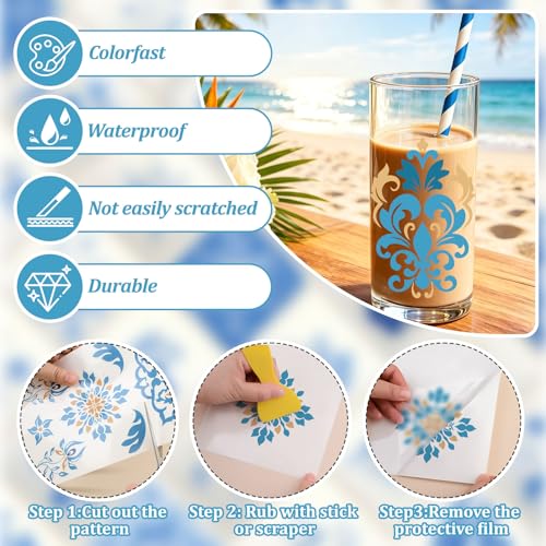 WANDIC 3 Sheets Rub On Transfer Stickers, Blue Pattern Waterproof Decals Furniture Craft Embellishments for DIY Scrapbooking Photo Albums,15 * 30cm - color: Blue Yellow Pattern