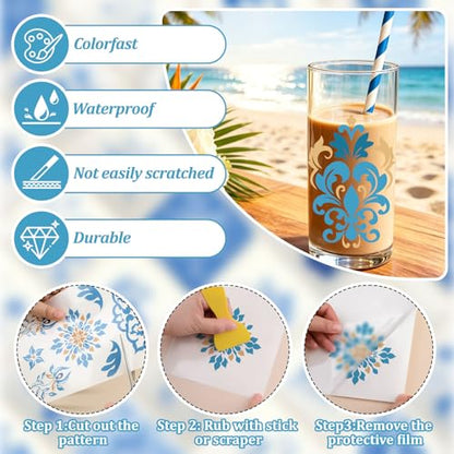 WANDIC 3 Sheets Rub On Transfer Stickers, Blue Pattern Waterproof Decals Furniture Craft Embellishments for DIY Scrapbooking Photo Albums,15 * 30cm - color: Blue Yellow Pattern