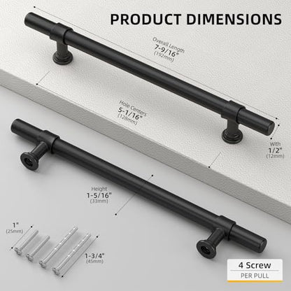 Goldenwarm 5 Pack Black Cabinet Handles, 5 Inch T Bar Handles - color: Black, size: 5 in Hole Center (128mm)