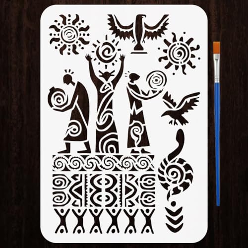 FINGERINSPIRE Ancient Man Stencils with a Brush 11.7x8.3Inch Tribe Totem Painting Stencils Snake Bird Sun Stencil Tribe Themes PET Template for Painting on Wood Floor Tile Wall Fabric DIY - color: Ancient Man