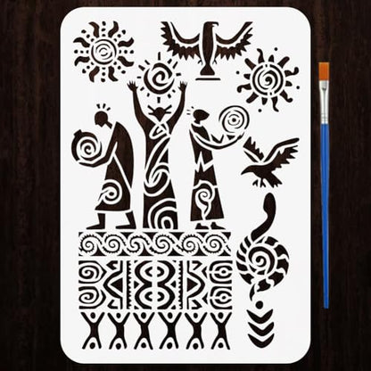 FINGERINSPIRE Ancient Man Stencils with a Brush 11.7x8.3Inch Tribe Totem Painting Stencils Snake Bird Sun Stencil Tribe Themes PET Template for Painting on Wood Floor Tile Wall Fabric DIY - color: Ancient Man