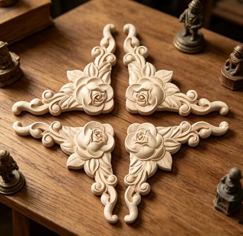 10Pcs Decorative Wood Carved Applique Corner Onlay Decorative Wood Applique DIY Wooden Carved Corner Unpainted Decals Wall Stickers Murals