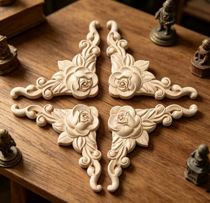 10Pcs Decorative Wood Carved Applique Corner Onlay Decorative Wood Applique DIY Wooden Carved Corner Unpainted Decals Wall Stickers Murals