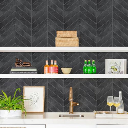 STICKGOO Herringbone Peel and Stick Backsplash, Shiny Black, 10 Sheets - color: Shiny Black With Dark Grey Grout, size: Pack of 10