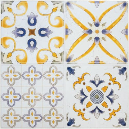 Peel and Stick Tile Stickers, 6 Sheets 9 x 9 Inch Waterproof Vinyl Tile Decals, Mediterranean Boho Self Adhesive Backsplash Stickers for Kitchen, Bathroom, Fireplace, RV - color: Bold Blue, Gold & White