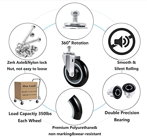 5" Casters Replacement Shopping Cart Wheels, Polyurethane Stem Casters Set of 4 Wheels for Cart Loading Capacity 1400lbs Total - style: 5 inch Black