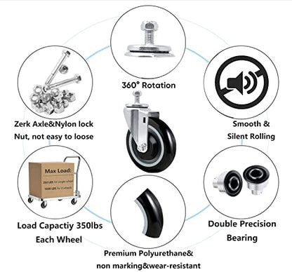 5" Casters Replacement Shopping Cart Wheels, Polyurethane Stem Casters Set of 4 Wheels for Cart Loading Capacity 1400lbs Total - style: 5 inch Black