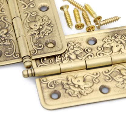 4 PCs Embossed Brass Hinges - Decorative Flap Hinges with Flower Patterns for Wooden Chest Trunck Cabinet Cupboard, Plate Length 2.6" (65 mm)