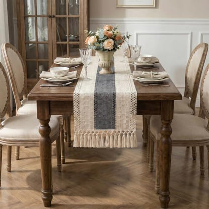 Boho Macrame Table Runner with Tassels 48in Grey Farmhouse Runner - color: White & Grey, size: 12'' x 48''