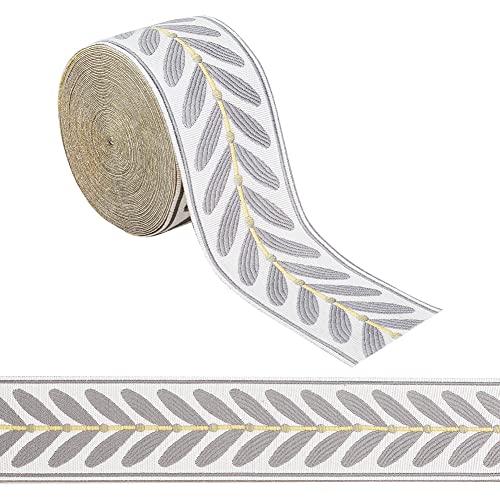 OLYCRAFT 10.9 Yards Jacquard Ribbon Trim 2.4 Inch Leaf Jacquard Polyester Ribbons Grey White Leaf Jacquards Woven Embroidery Trim for DIY Sewing Crafts Handmade Bag Belts Clothing Decoration - color: Grey