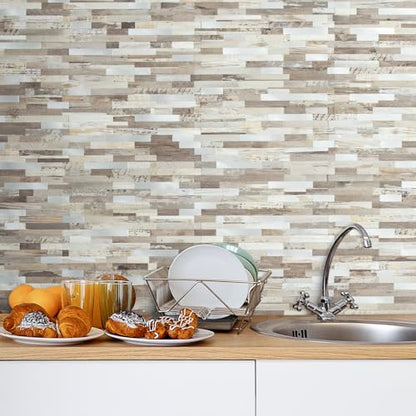 AULIGET Peel and Stick Backsplash, Beige Wood Look PVC Mixed Metal Stick on Bathroom Backsplash, 2 - color: Beige Wood + Metal Silver, size: 2 Sheets, 6"x12"x0.12"