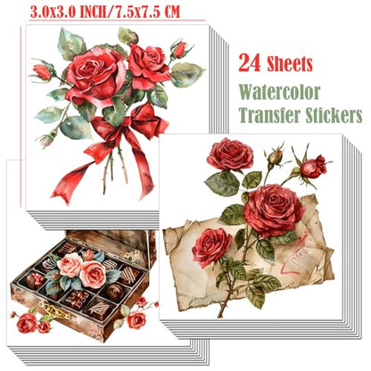 ZMRU 24 Sheets of Watercolor Style Rub on Transfers for Crafts - Perfect for Glass, Porcelain, Leather, Canvas, and Fabric Projects - IOD Transfers Included,3 * 3inch (Red Rose) - style: Red Rose