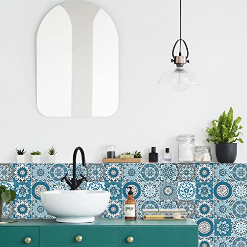 Easy Peel Stick Vinyl Moroccan Tile Decals 4x4in Stick on backsplash,24Pc - color: Cyan Mandala 3.93x3.93