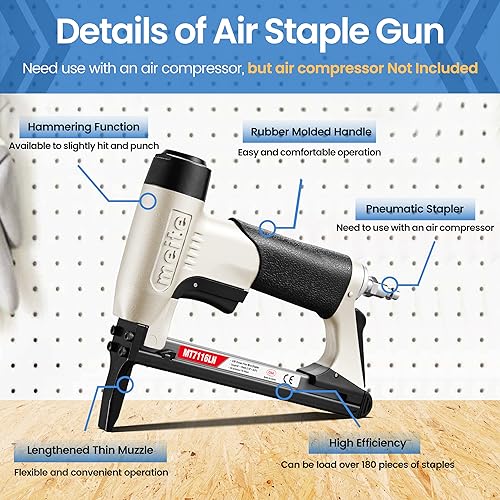 meite MT7116LN Pneumatic Upholstery Stapler 22 Gauge 71 Series 3/8" Crown 1/4" to 5/8" Length Long Nose Stapler