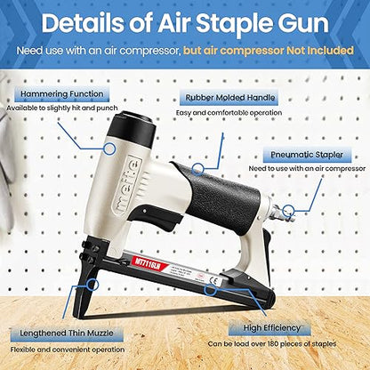 meite MT7116LN Pneumatic Upholstery Stapler 22 Gauge 71 Series 3/8" Crown 1/4" to 5/8" Length Long Nose Stapler
