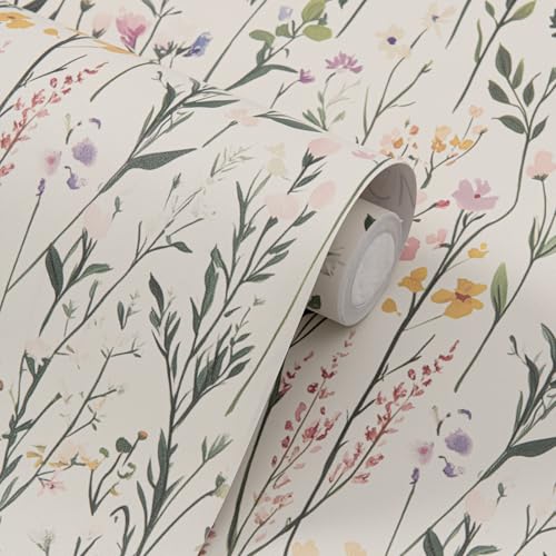 FUKU MON Boho Vintage Green Floral Textured Wallpaper Peel and Stick Modern Contact Paper Wildflowers Botanical Wall Paper Removable Self-Adhesive Renter Friendly for Bedroom Home Decor15.7 x197 - color: Green, size: 197" x 15.7"