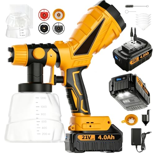 Cordless Paint Sprayer HVLP Gun, 45° Ergonomic Design, 4 Spray Nozzles & Patterns, 2×1200ml Cups, Battery Powered Sprayer for Home Furniture Cabinets Walls, Includes 2×4.0Ah Batteries + LED Light