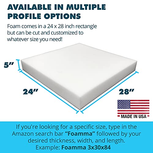 Foamma 5" x 24" x 28" High Density Upholstery Foam Padding for Cushions and Seat Repair, Thick Custom Pillow, Chair, Couch Cushion Replacement Foam, Craft Upholstery Supplies - size: 5" x 24" x 28"