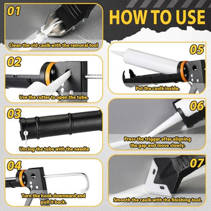 7 Pcs Professional Caulk Gun Kit with Caulk Removal Tool & Putty Knife 5 in 1 Caulking Tool Set for Caulking Removal Home Outdoor Kitchen Bathroom Repairs