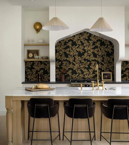Ismoon Dark Floral Peel Stick Wallpaper Black Gold Wallpaper 17.3x78.7in - color: Black/Gold, size: 17.3" x 78.7"