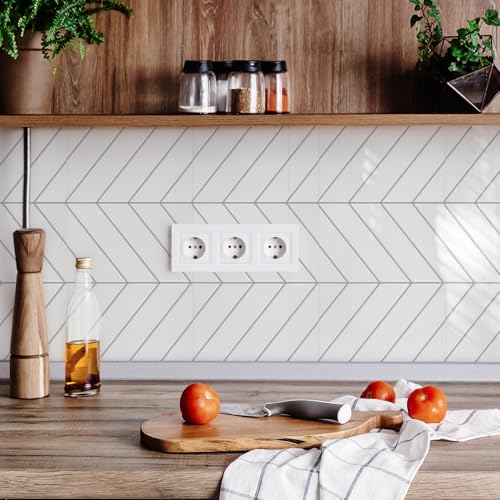 STICKGOO Herringbone Peel and Stick Backsplash, White/Grey Grout, 10 Sheets - color: White With Grey Grout, size: Pack of 10