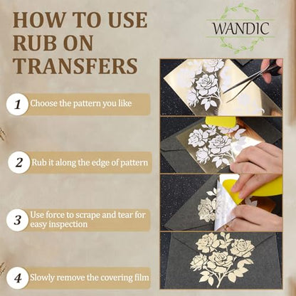 WANDIC 8PCS Golden Stamping Decals Rub on Transfer Stickers,Flowers Theme Waterproof Stickers for Furniture Scrapbooking Window,10 * 30cm - color: Flowers Theme