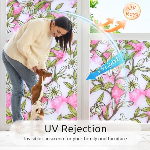 rabbitgoo Stained Glass Window Privacy Film, Pink Lily, 17.5" X 78.7" - color: Pink Lily, size: 17.5" x 78.7"