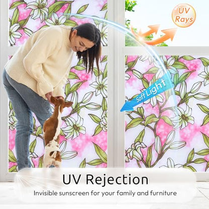rabbitgoo Stained Glass Window Privacy Film, Pink Lily, 17.5" X 78.7" - color: Pink Lily, size: 17.5" x 78.7"