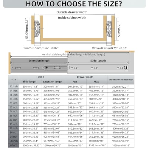 1 Pair 260 Lbs Heavy Duty Drawer Slides 12 14 16 18 20 22 24 26 28 30 32 36 40 inch Full Extension Ball Bearing Side Mount Cabinet Industrial Rail Tool Box Runner(12 inch, with M5 Screws) - size: 12 Inch, style: 260LB/W:53mm(NO Lock)