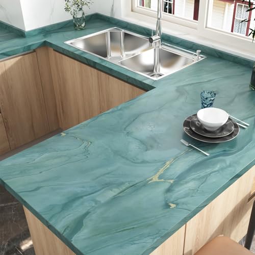 Wallercity Matte Teal Marble Peel and Stick Countertop Contact Paper - color: Matte Blue/Green, size: 24" x 315"