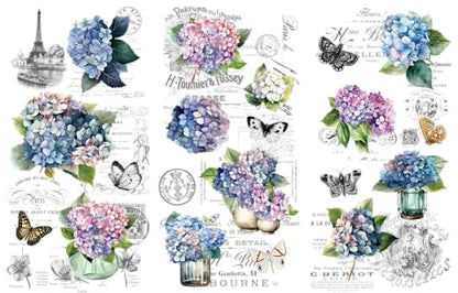 Rub on Transfers for Crafts and Furniture | 3 Design Sheets 6”x 12” | Home Decor Transfers | Furniture and Craft Decals | by Thymeless Designs (Blooming Hydrangeas) - style: Blooming Hydrangeas