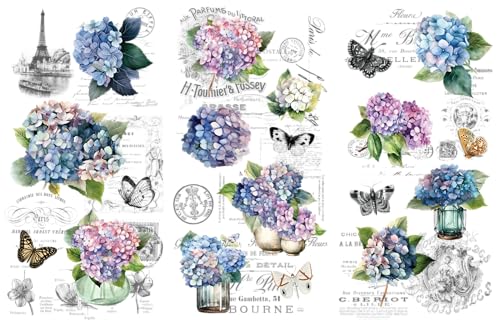 Rub on Transfers for Crafts and Furniture | 3 Design Sheets 6”x 12” | Home Decor Transfers | Furniture and Craft Decals | by Thymeless Designs (Blooming Hydrangeas) - style: Blooming Hydrangeas