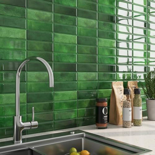 FunStick 15-Sheets Dark Green Peel and Stick Tile Backsplash for Kitchen Bathroom Shower Wall Tiles Waterproof 12"x12" Removable Back Splash Stick on Subway Tile Stickers for Kitchen Fireplace Renters - color: Green, size: Box of 15 Tiles