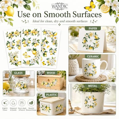WANDIC 3 Sheets Rub On Transfer Stickers, Lemon Flowers Pattern Waterproof Decals Furniture Craft Embellishments for DIY Scrapbooking Photo Albums,15 * 30cm - color: Yellow