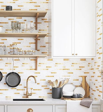 Yipscazo 5 Sheets Peel and Stick Stone Metal Tile Backsplash, Stick on Tiles for Backsplash Kitchen, Bathroom, Laundry Room, Camper, Fireplace (12'' X 12'', White Stone with Gold) - color: White Stone with Gold